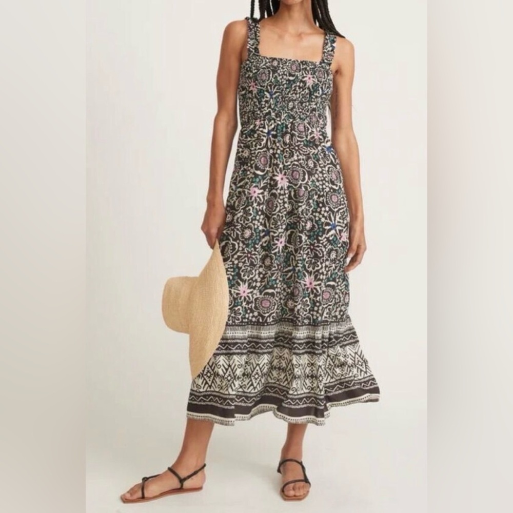 NWT Marine Layer Selene Floral Smocked Midi Dress Size XL Linen Blend Pockets